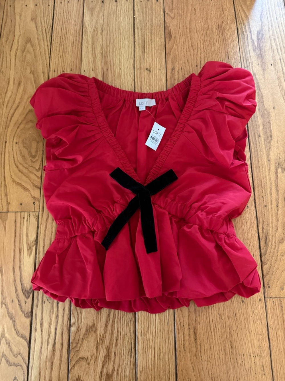 LOFT Red Puff Sleeve V-Neck Top with Black Velvet Bow